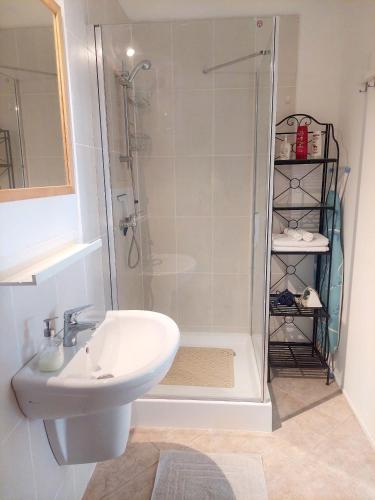 a bathroom with a shower and a sink at Villa Margaretha in Badacsonytomaj