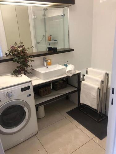une salle de bain avec une machine à laver et un lavabo dans l'établissement Paris center Apartment luxury, à Paris