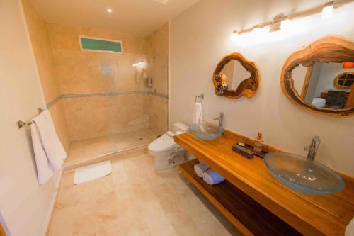 a bathroom with a sink and a toilet and a shower at La Semilla Ecolodge in Cerro Azul