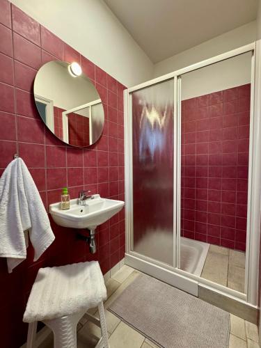 La salle de bains est pourvue de carrelage rouge, d'une douche et d'un lavabo. dans l'établissement Evasion de rêve à Casa Nina, à Borgo