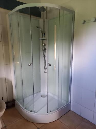 une cabine de douche avec une porte vitrée dans une salle de bain dans l'établissement Chez Candice et Pascal gîte 1, à Lauraët