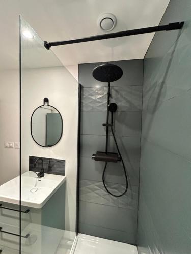 une douche dans une salle de bain avec un lavabo et un miroir dans l'établissement Le chant des vagues, à Marseille