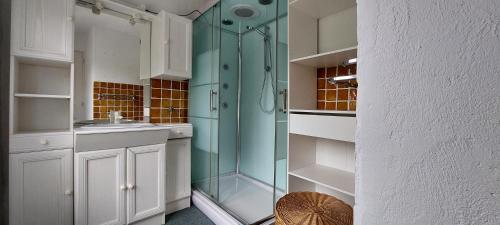 a bathroom with a glass shower and a sink at La Fischaumière in Soleilhas