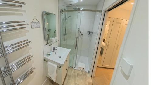 un baño con ducha y lavabo en Darracott Farm Cottage, en Welcombe