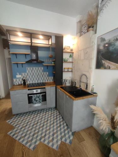 une petite cuisine avec un évier et une cuisinière dans l'établissement Appartement Cosy et de charme Tours centre, à Tours