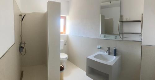a white bathroom with a sink and a toilet at Vila Rafael si Robert in 2 Mai