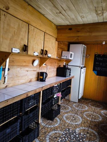 a kitchen with a counter and a refrigerator at Willhouse Hostel in Pucón