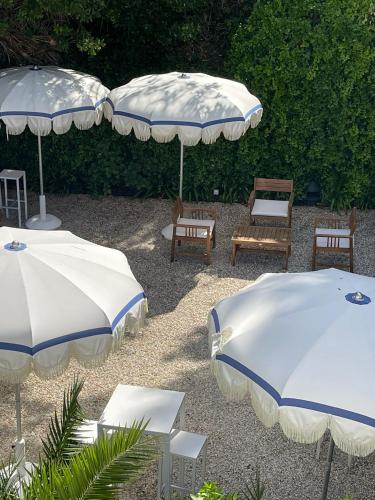 two blue and white umbrellas and chairs and chairs at Murè Hotel Numana in Numana
