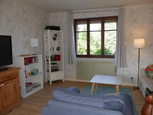 a living room with a blue couch and a tv at Gîte La Rose Jacuzzi Nordique in La Petite-Pierre