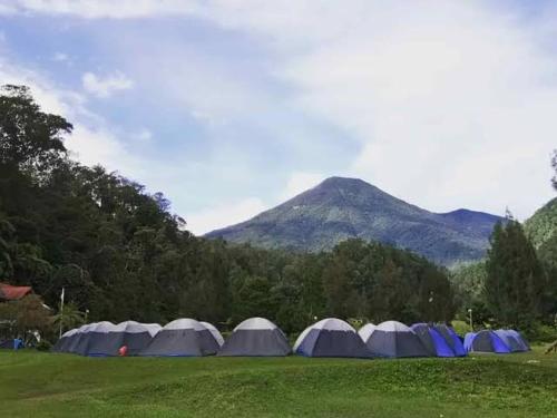 eine Gruppe von blauen und weißen Zelten auf einem Feld in der Unterkunft view cemping glamping in Bukittinggi