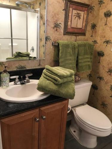 a bathroom with a sink and a toilet and a mirror at Paradise at the Beach, Complete View of Horizon in Myrtle Beach