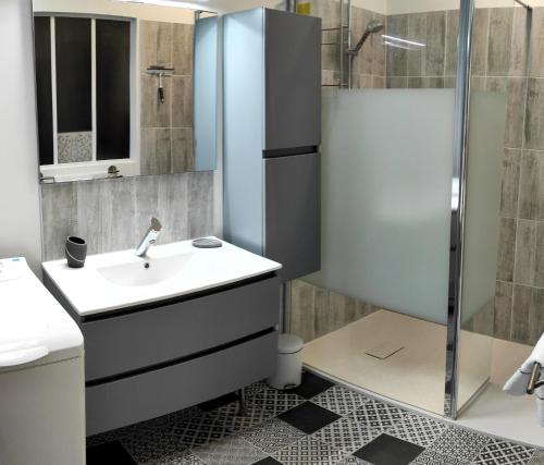 une salle de bain avec un lavabo et une douche dans l'établissement Gîte 4 pers L'Ainstant Présent, à Ambérieux-en-Dombes