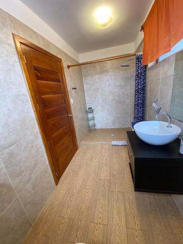 a bathroom with a sink and a shower at Black Pearl in Puerto Villamil