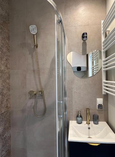 a bathroom with a shower and a sink at Ozolu apartment in Liepāja