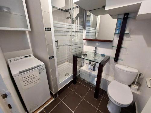 une petite salle de bain avec toilettes et lavabo dans l'établissement Résidence Le Juturna - Agréable très fonctionnel et très central ! MAE-7844, à Aix-les-Bains