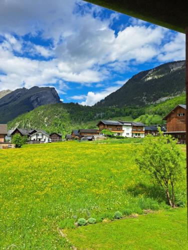 a field of green grass with houses and mountains at Familienfreundliches Bregenzerwälderhaus in Au im Bregenzerwald