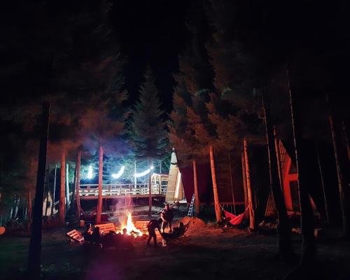 um grupo de pessoas em torno de uma fogueira de acampamento à noite em Bude Mestia cottages em Mestia