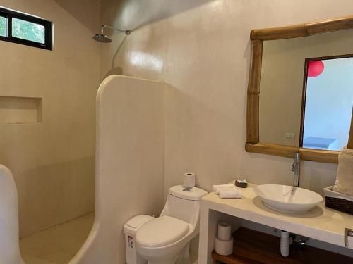 a bathroom with a toilet and a sink and a mirror at Hotel Luz de Luna in Santa Teresa Beach