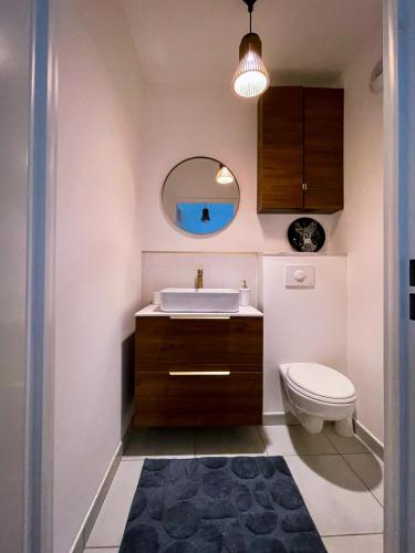 une salle de bain avec un lavabo, des toilettes et un miroir dans l'établissement Grand appartement, à Clichy