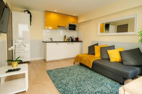 un salon avec un canapé et une cuisine dans l'établissement Beautiful yellow apartment near Marais and Bastille, à Paris
