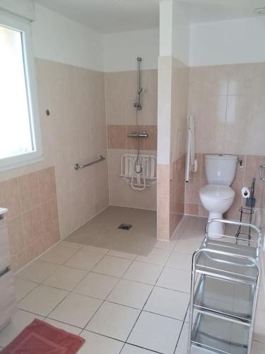 une salle de bain avec toilettes et lavabo dans l'établissement Maison à Gimel les Cascades en Corrèze, à La Bitarelle