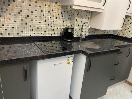 a small kitchen with a sink and a refrigerator at Fabesco Suite in Istanbul