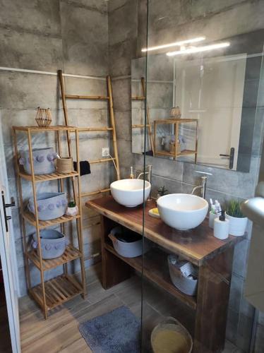 une salle de bain avec deux lavabos et un miroir dans l'établissement Magnifique maison avec piscine, à Manduel