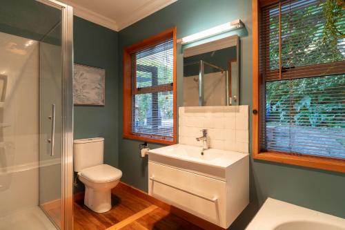 a bathroom with a sink and a toilet and a shower at Tosswill Road - Bay Vista in Nelson