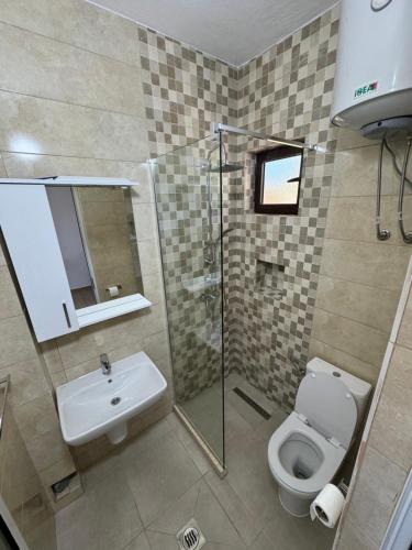 ein Bad mit einem WC, einem Waschbecken und einer Dusche in der Unterkunft Niki Apartments in Ulcinj
