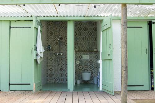 シャンパニャック・デ・ベルエアーにあるBelair le Campingの緑のドアとパティオにあるトイレのあるバスルーム