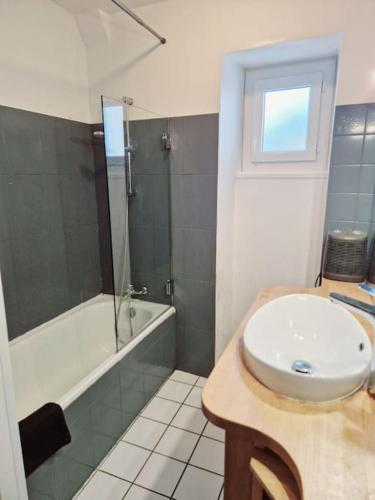 une salle de bain avec un lavabo, une douche et une baignoire dans l'établissement Charmant appartement avec jardin, à Larressore