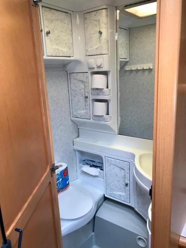 a small bathroom with a toilet and a sink at Komfort-Caravan mit Vorzelt in Loitz