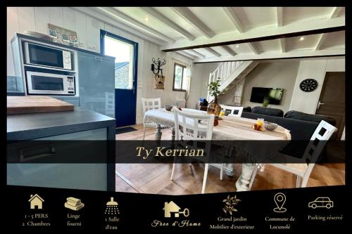 a kitchen and a living room with a table and a couch at Ty Kerrian, maison avec jardin à la campagne in Locunolé