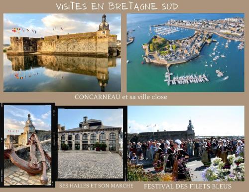 a collage of pictures of a city with a boat at Ty Kerrian, maison avec jardin à la campagne in Locunolé