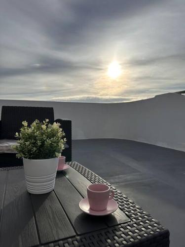 a table with a coffee cup and a plant on it at Analiza Penthouse Azure North in San Fernando
