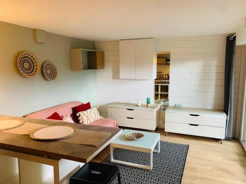 un salon avec un canapé et une table dans l'établissement Appartement déco avec jardin et piscine, à Chambéry