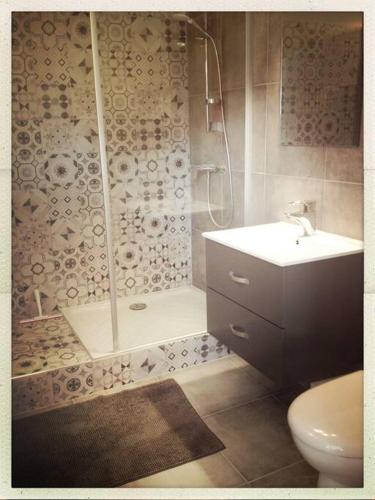 une salle de bain avec une douche, des toilettes et un lavabo dans l'établissement Appartement déco avec jardin et piscine, à Chambéry