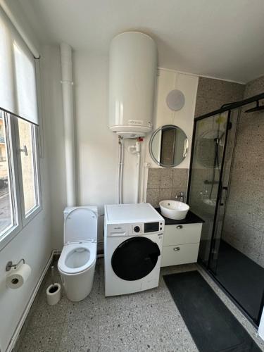 une petite salle de bain avec toilettes et lavabo dans l'établissement Appartement tout confort, à Rouen
