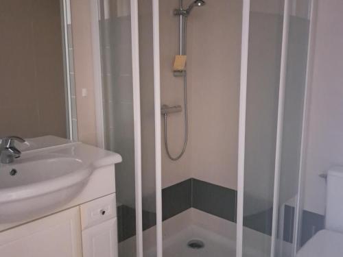 une salle de bain avec douche et lavabo dans l'établissement Maison 5 Couchages, 100m Plage, Parking, Jardin, Saint Jean de Monts - FR-1-323-540, à Saint-Jean-de-Monts