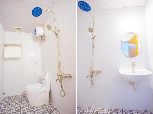 - deux photos d'une salle de bains avec toilettes et lavabo dans l'établissement Lucky House, à Hue