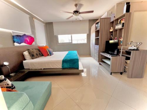 a bedroom with a bed and a television in it at Playa Centro Rooftop Apartments & Studios in Playa del Carmen