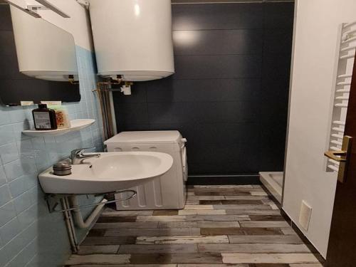 une salle de bain avec un lavabo et des toilettes dans l'établissement Studio fonctionnel à 50m plage avec parking privé, loggia et accès commerces - Le Barcarès - FR-1-782-65, au Barcarès