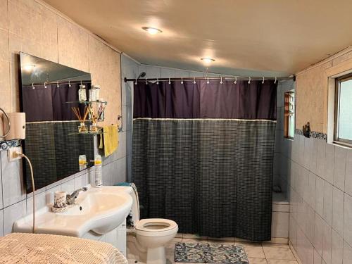 W łazience znajduje się umywalka, toaleta i prysznic. w obiekcie Hospedaje Mirador Quellón w mieście Quellón