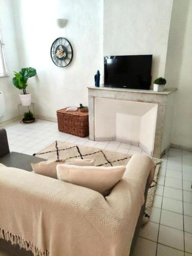 un salon avec un canapé et une cheminée dans l'établissement Le Tanneur- Grand Studio 38m2 en centre-ville, à Aix-en-Provence