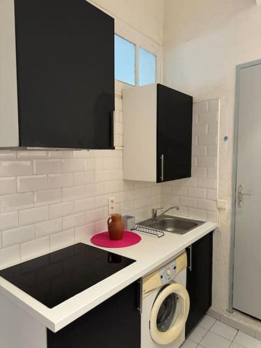 une cuisine avec un évier et une machine à laver dans l'établissement Le Tanneur- Grand Studio 38m2 en centre-ville, à Aix-en-Provence