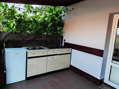 a kitchen with a sink and a stove top oven at Słoneczny Taras in Krynica Morska
