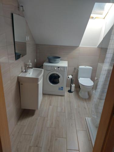 a bathroom with a washing machine and a toilet at DAR-KAJ MIESZKANIE nr 2 in Radzyń Chełmiński