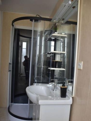 une salle de bain avec un lavabo et un miroir dans l'établissement Maison en bord de Rance, à Pleudihen-sur-Rance