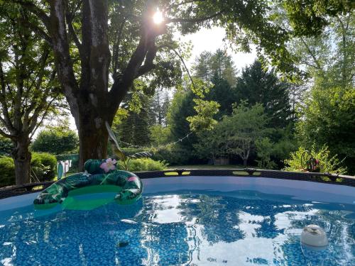 Un homme se pose dans une piscine dans l'établissement Spacious character house in beautiful Montcuq, à Montcuq
