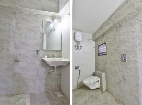 two pictures of a bathroom with a sink and a toilet at Hotel Nova Cross Road in Rajkot